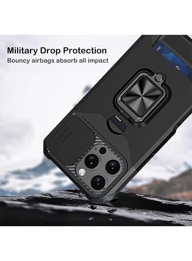 iPhone 16 Pro Case Cover with [Card Holder] [Slide Camera Cover] [360° Rotate Ring Kickstand] Heavy Duty Protective Phone Case for iPhone 16 Pro Back Cover Mobiles Accessories - Black - Image 5