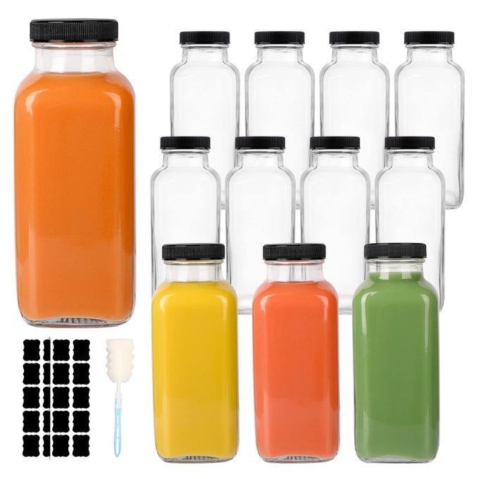 12 PACK GLASS DRINK BOTTLES 12 OZ VINTAGE SQUARE WATER BOTTLES WITH LIDS JUICE BOTTLES BEVERAGES CONTAINERS FOR MILK KOMBUCHA SMOOTHIES