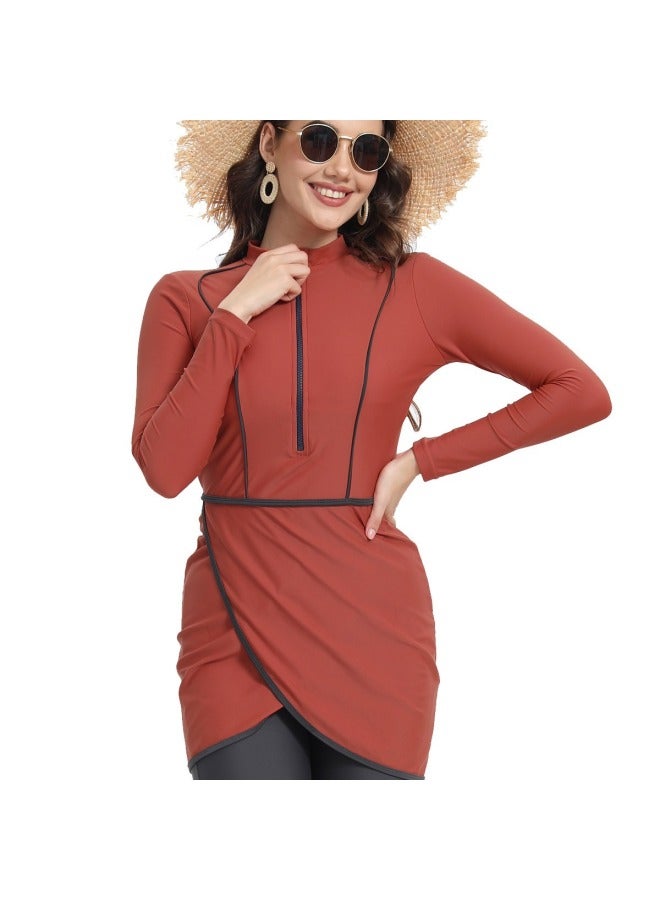 Loquat 2024 Zipper Muslim Swimsuit Long-sleeved Trousers Three-piece Set Conservative Sun Protection With Chest Pad-Color:Ginger Yellow- - Image 3