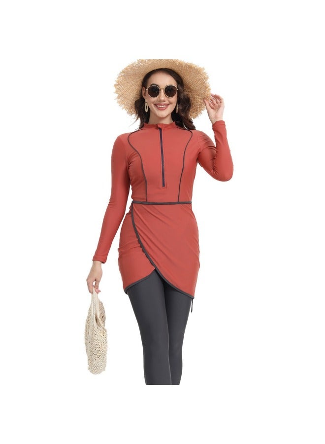 Loquat 2024 Zipper Muslim Swimsuit Long-sleeved Trousers Three-piece Set Conservative Sun Protection With Chest Pad-Color:Ginger Yellow- - Image 2