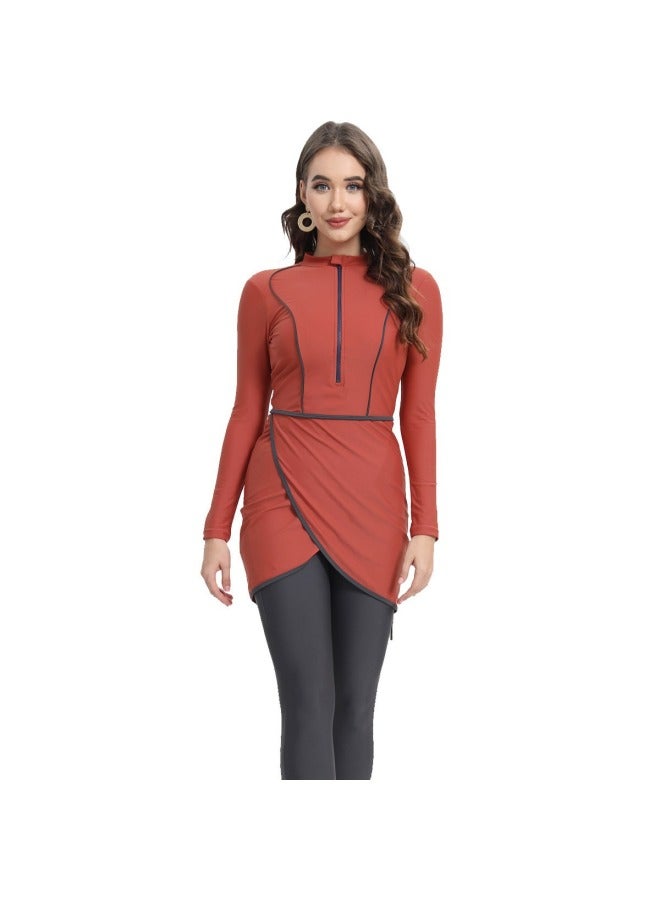 Loquat 2024 Zipper Muslim Swimsuit Long-sleeved Trousers Three-piece Set Conservative Sun Protection With Chest Pad-Color:Ginger Yellow- - Image 5