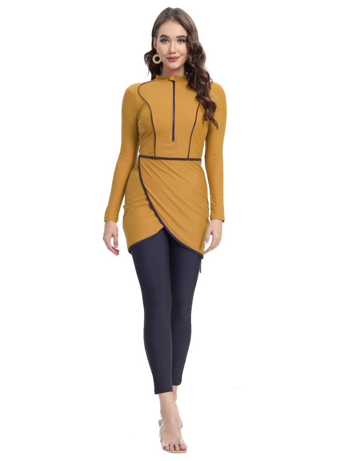 Loquat 2024 Zipper Muslim Swimsuit Long-sleeved Trousers Three-piece Set Conservative Sun Protection With Chest Pad-Color:Ginger Yellow- - Image 1