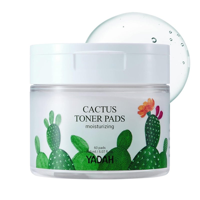 YADAH Cactus Toner Pads 507 Fluid Ounce 60 Count Cruelty Free Facial Cleansing Exfoliator Toning Hydrating Treatment Wipes for Clear Pores Acne Prone Oily Dry Sensitive Skin
