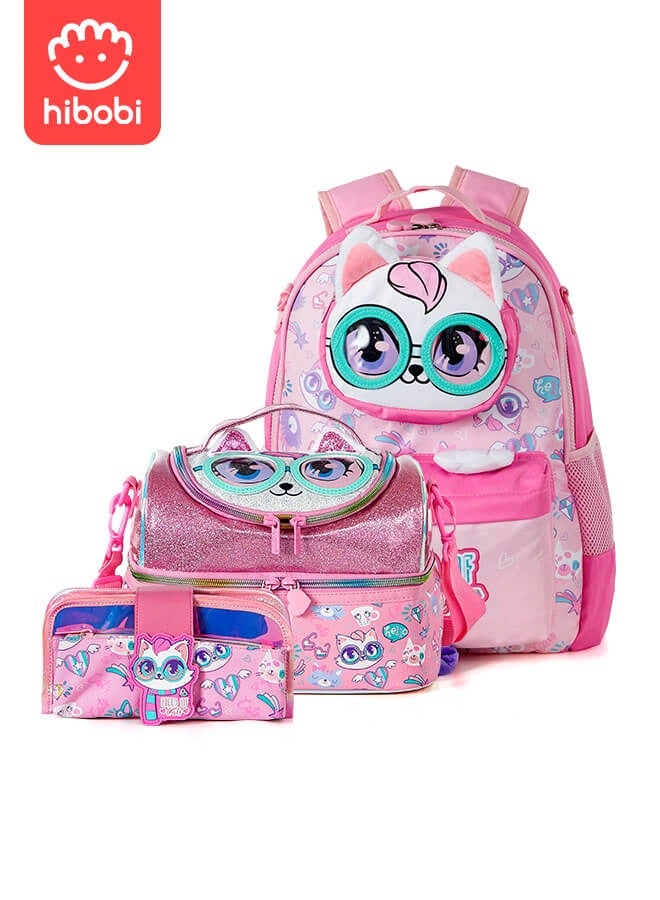 hibobi School Bags Set 3pcs for Girls, Kids Bags Cute Cat Backpack, Waterproof Bookbag, Large Capacity Casual Backpack with Lunch Bag and Pencil Case for Girls - Image 1