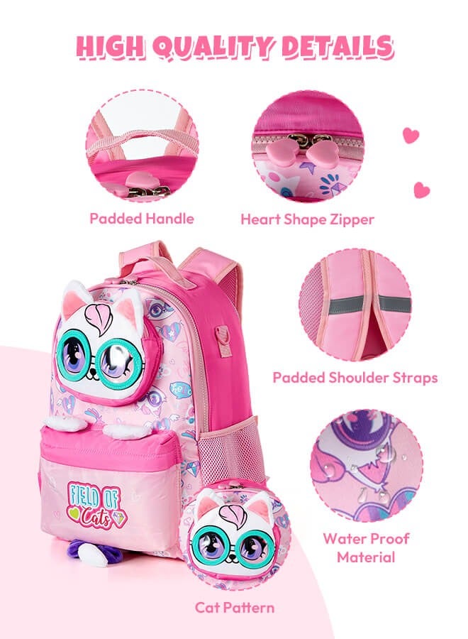 hibobi School Bags Set 3pcs for Girls, Kids Bags Cute Cat Backpack, Waterproof Bookbag, Large Capacity Casual Backpack with Lunch Bag and Pencil Case for Girls - Image 2