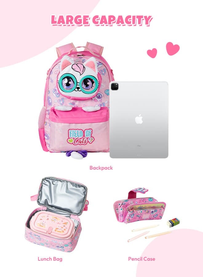 hibobi School Bags Set 3pcs for Girls, Kids Bags Cute Cat Backpack, Waterproof Bookbag, Large Capacity Casual Backpack with Lunch Bag and Pencil Case for Girls - Image 3