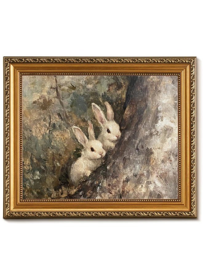 Vodefoad Vintage Gold Framed Bunny Wall Art Prints Decor Easter Rabbits in the Forest Canvas Oil Painting Poster Retro Pictures Removable Gold Frame Farmhouse Style Wall Decor Cottage Easter and - Image 1