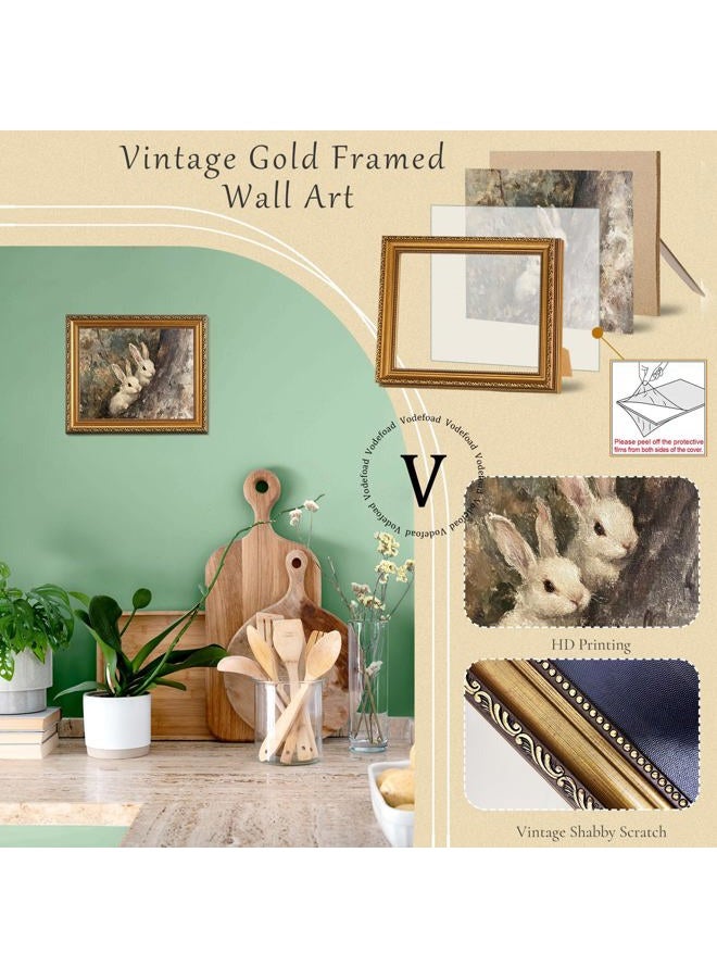 Vodefoad Vintage Gold Framed Bunny Wall Art Prints Decor Easter Rabbits in the Forest Canvas Oil Painting Poster Retro Pictures Removable Gold Frame Farmhouse Style Wall Decor Cottage Easter and - Image 3
