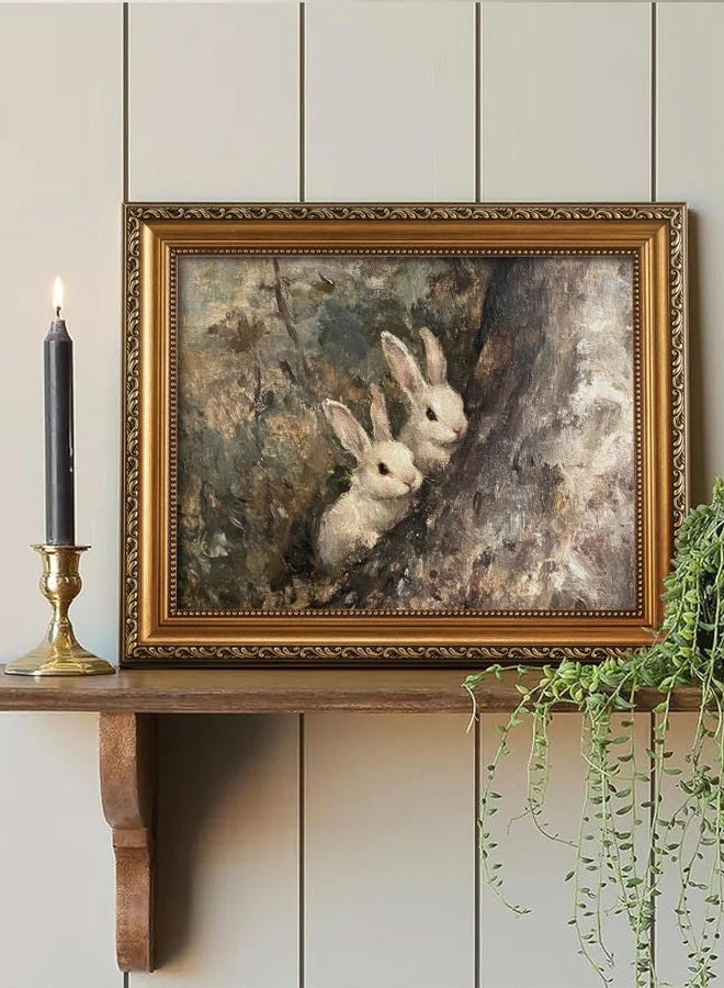 Vodefoad Vintage Gold Framed Bunny Wall Art Prints Decor Easter Rabbits in the Forest Canvas Oil Painting Poster Retro Pictures Removable Gold Frame Farmhouse Style Wall Decor Cottage Easter and - Image 5