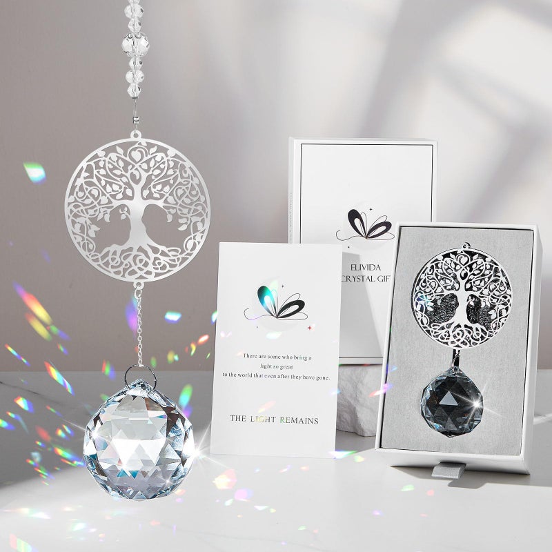 Elivida Sympathy Gift Modern Grief Gift for Lose of Loved Ones  Hanging Ornament with 40mm Clear Crystal Ball Rainbow Maker  Bereavement Gift Idea Tree of Life Design - Image 1