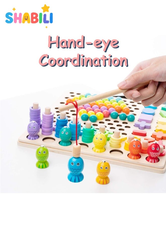 Montessori 13-in-1 Wooden Sorting & Counting Board Game – Magnetic Fishing, Clip-Beads, Shape & Number Matching, Colorful Stacking Puzzle, Fine-Motor & STEM Learning Toy for Preschool Kids Ages 3+