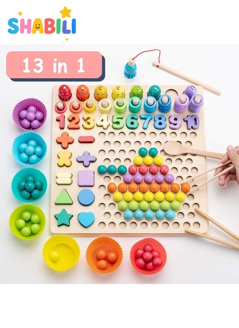 Montessori 13-in-1 Wooden Sorting & Counting Board Game – Magnetic Fishing, Clip-Beads, Shape & Number Matching, Colorful Stacking Puzzle, Fine-Motor & STEM Learning Toy for Preschool Kids Ages 3+