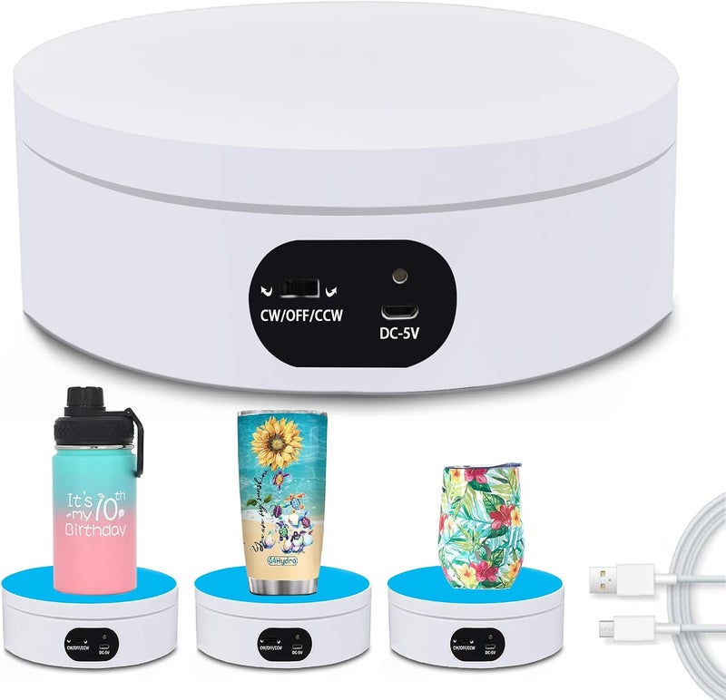 YVV Turner Cup Rotating Display Stand for Epoxy Glitter Tumbler, 360 Degree Automatic Mute Rotating Turntable for Photography Products and Shows. Bling Bling Tumbler Making Supplies Spinner White USB - Image 1
