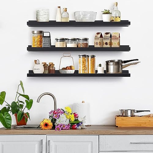 Streem Sheesham Wood Floating Shelves, Wall Shelves Set of 3, Picture Shelf Photo Ledge Shelves for Bathroom Kitchen and Bedroom,Livingroom & Office (35 inch, Black) - Image 2