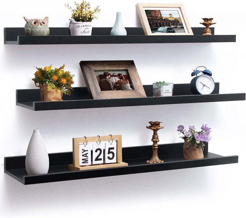 Streem Sheesham Wood Floating Shelves, Wall Shelves Set of 3, Picture Shelf Photo Ledge Shelves for Bathroom Kitchen and Bedroom,Livingroom & Office (35 inch, Black) - Image 1