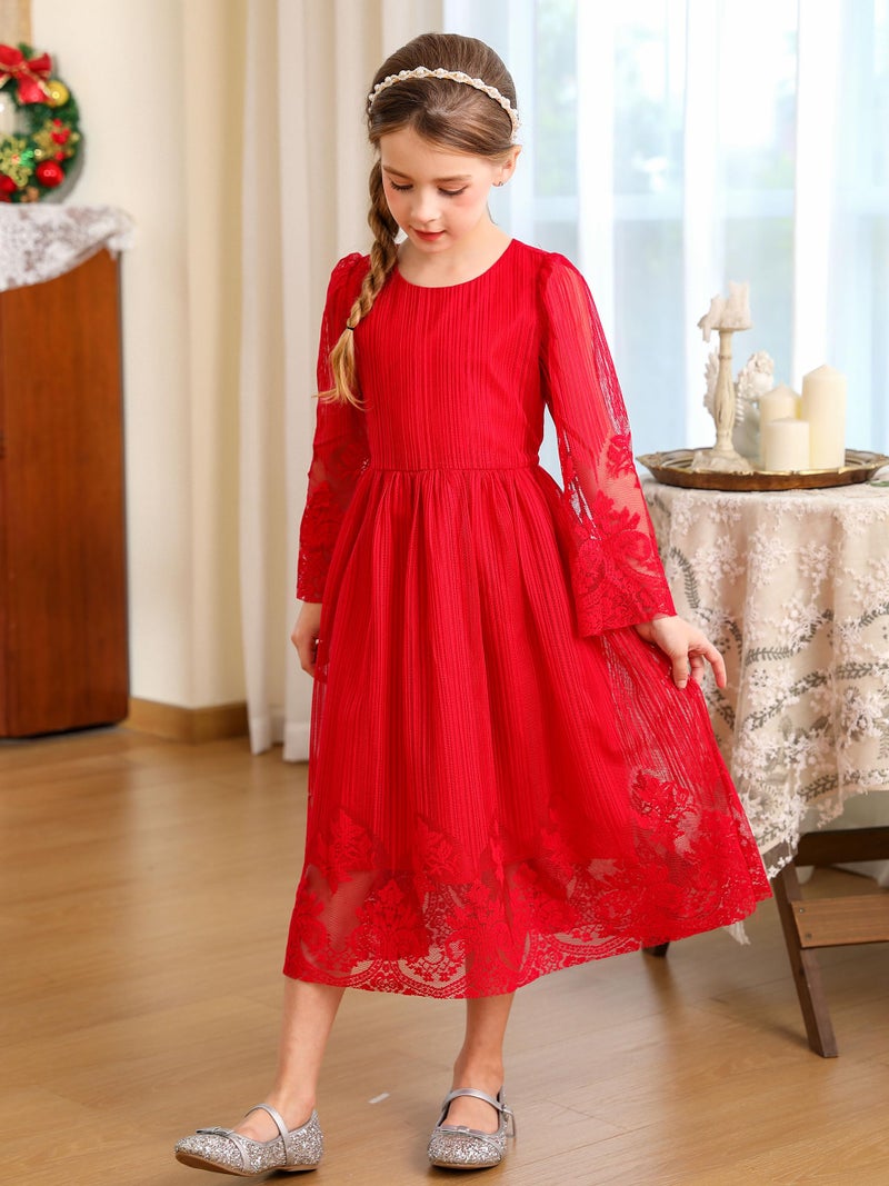Bonny Billy Girl's Classy Embroidery Lace Maxi Flower Girl Dress 4-5 Yrs Red - Image 2