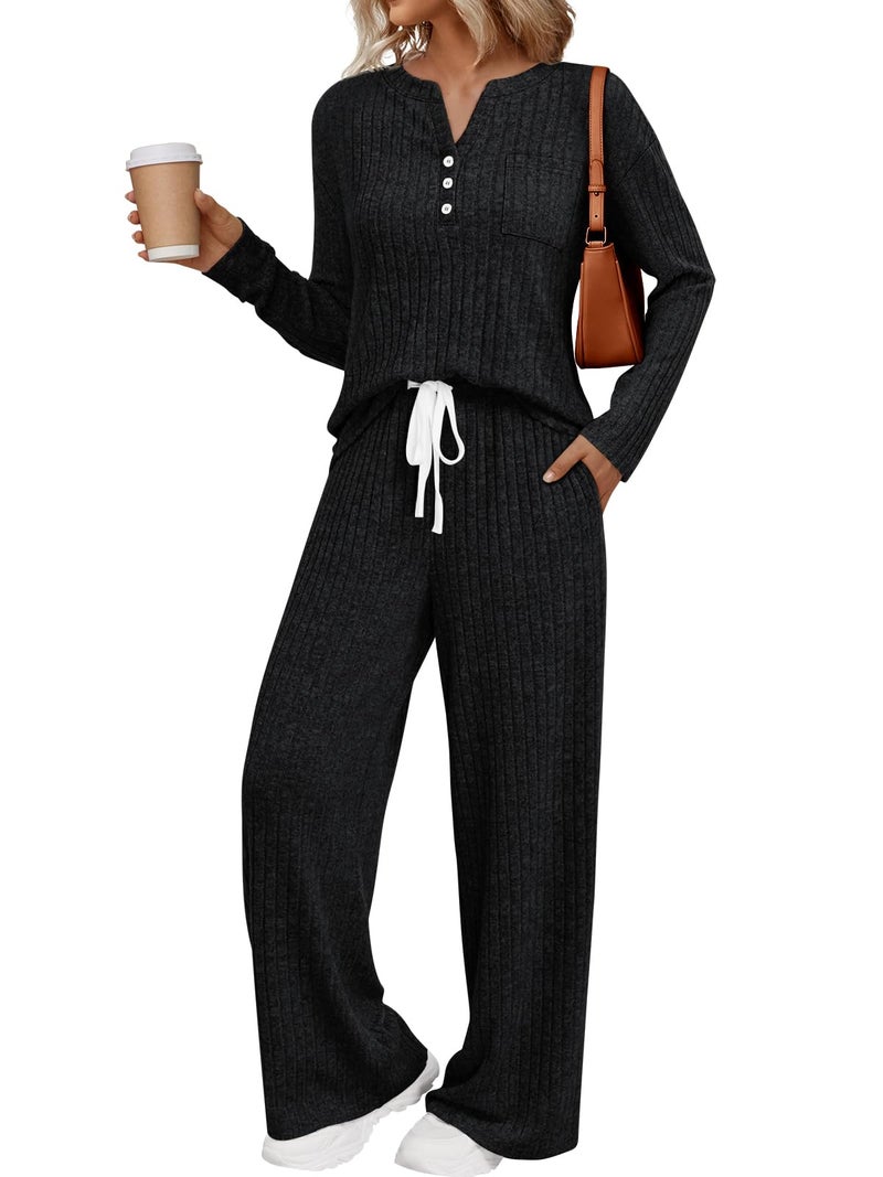 LILLUSORY Womens 2 Piece Lounge Sets Matching Airport Travel Outfits 2026 Spring Clothing Fall Pajamas Sweat Suits Pockets Black M - Image 1