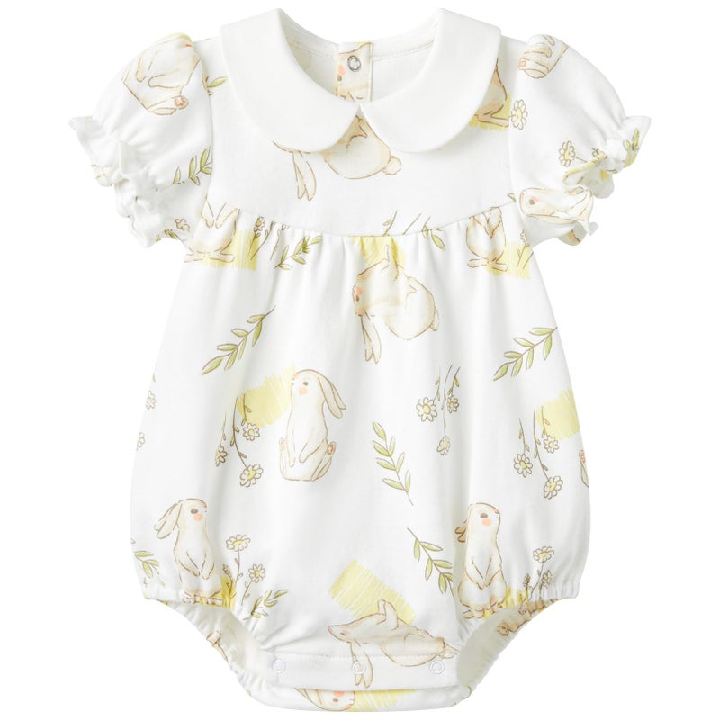 pureborn Baby Girls Bodysuit Peter Pan Collar Bubble Romper Easter Short Sleeve One-Piece Cotton Outfit Field Rabbit 6-9 Months - Image 1