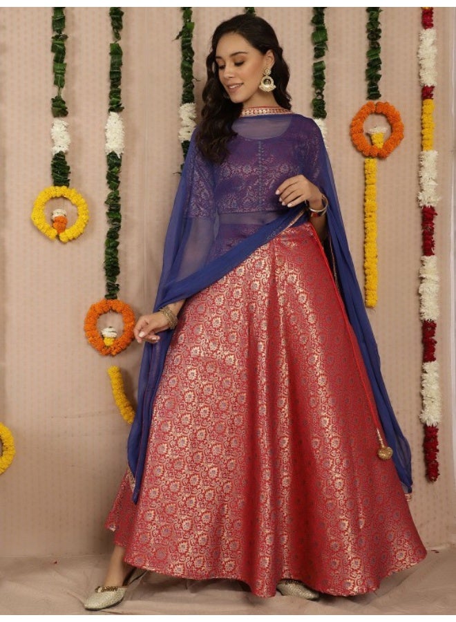 AKS Red Banarasi Jacquard Lehenga Choli  - Image 2