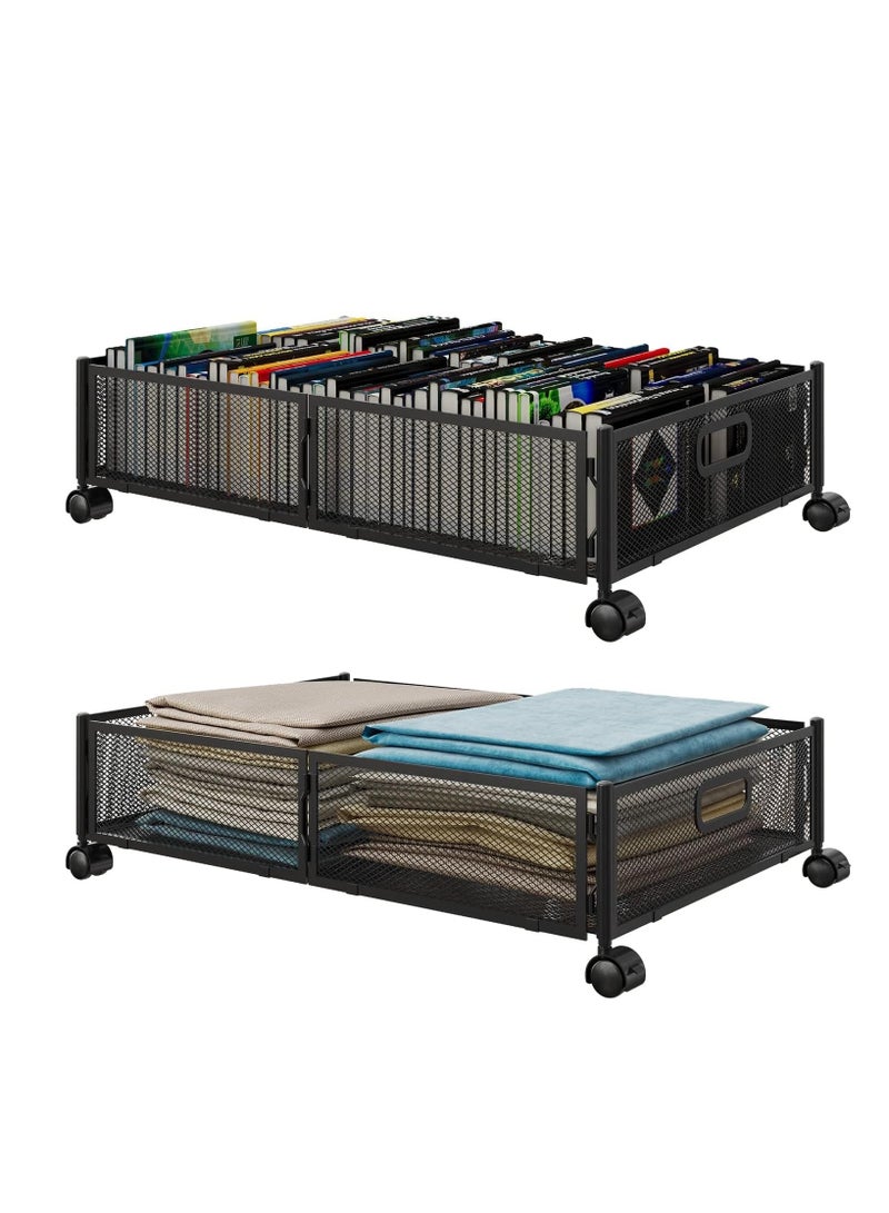 2Pcs Under Bed Storage With Wheels, Under bed Storage Containers, Under Bed Shoe Storage Organizer, Large Metal Foldable Under Bed Drawer, Rolling Drawers for Shoes Clothes in Dorm Bedroom, Black  - Image 1