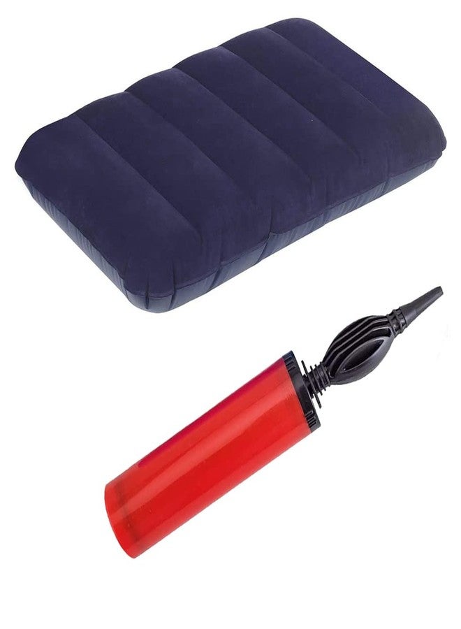 MeeTo Cotton Small Squared Travel Flocked Fabric Air Pillow with Air Pump, Compact, Comfortable, for Neck & Lumbar Support, Camping and Hiking, Blue Color, Pack of 1 Air Pump & Pillow (Pack of 1) - Image 1