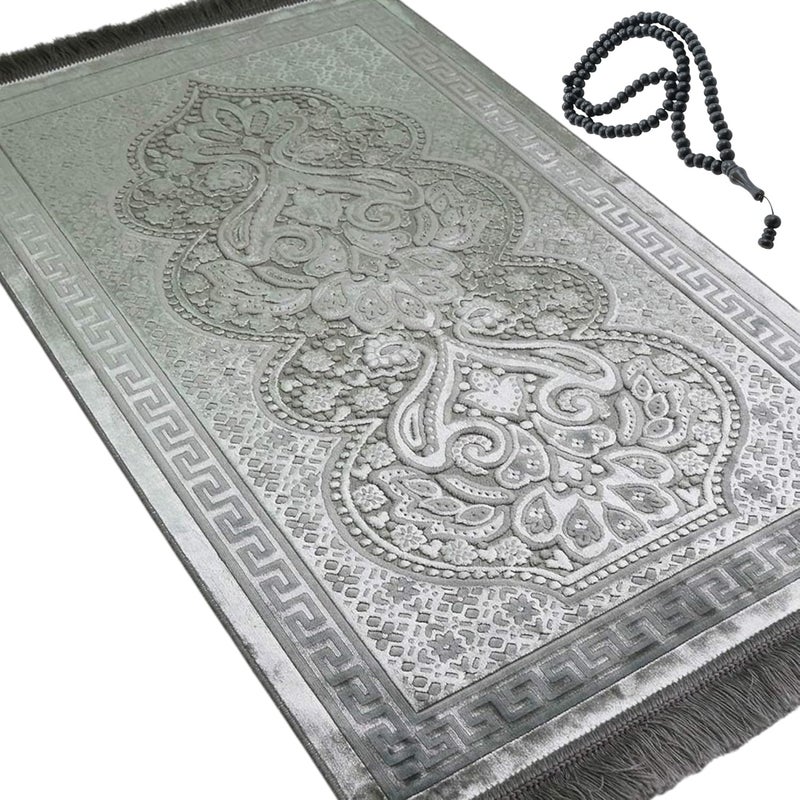 Modefa Luxury Velvet Prayer Rug with Prayer Beads | Soft Elegant Muslim Turkish Janamaz Sajada Carpet for Men and Women | Plain Solid Prayer Mat Ramadan Eid Gift - Paisley (Silver Grey) - Image 1