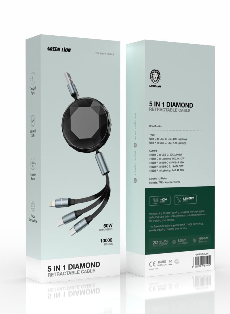 GREEN LION 5 in 1 Diamond Retractable Cable 1.2 M / USB-C to USB-C /  USB-C to Lightning / USB-A to USB-C /USB-A to Lightning / 480 Mps Transfer Speed / Charge & Sync / Secure& Safe Multi Cable - Black - Image 2
