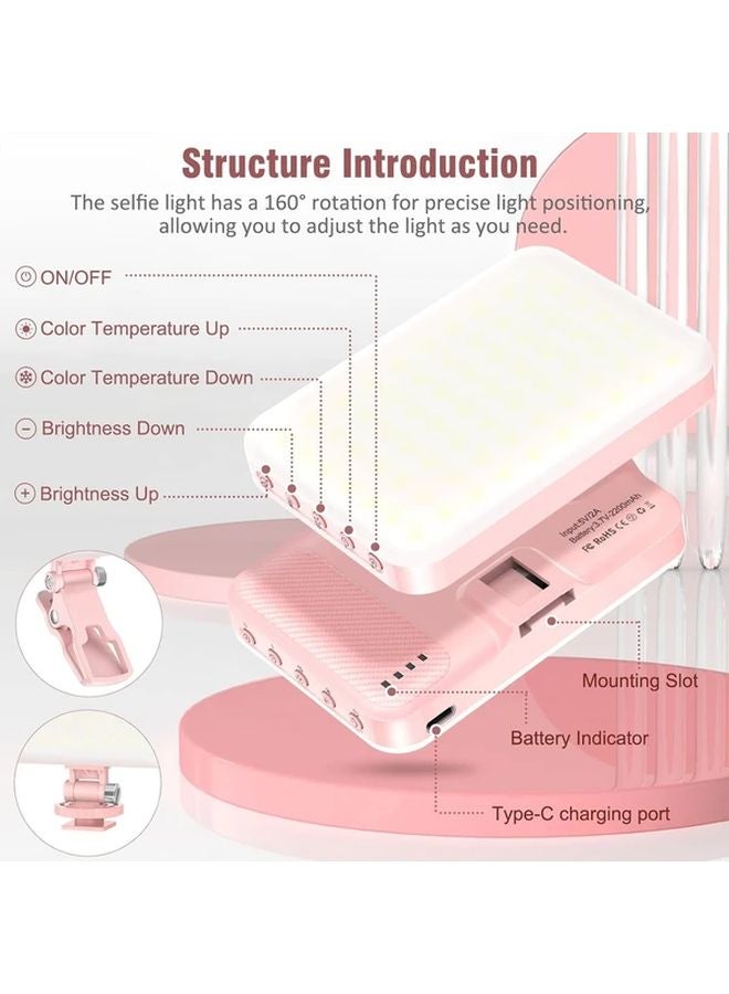 Pink Selfie Light Clip 2200mAh USB Rechargeable LED Phone Light 3 Modes for Video Conference - Image 1