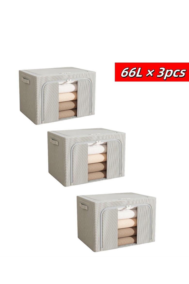 3pcs Clothes Stroage Boxes, Folding Clothes Storage Bins Closet organizers with Metal Frame, 66L Storage Containers Fabric Bags with Zipper and Clear Windows (3pcs × 66L） - Image 1