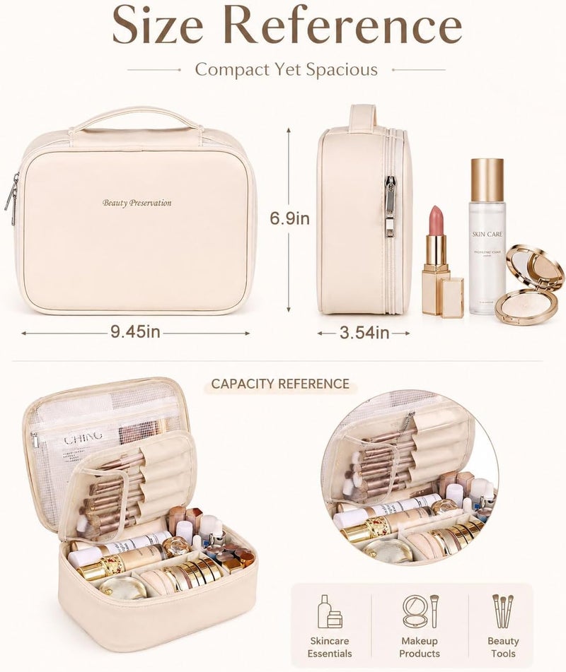 Pocmimut Makeup Bag,PU Leather Make Up Bag Cosmetic Bag,Large Makeup Bag with Brush Holder for Women(Beige) - Image 4