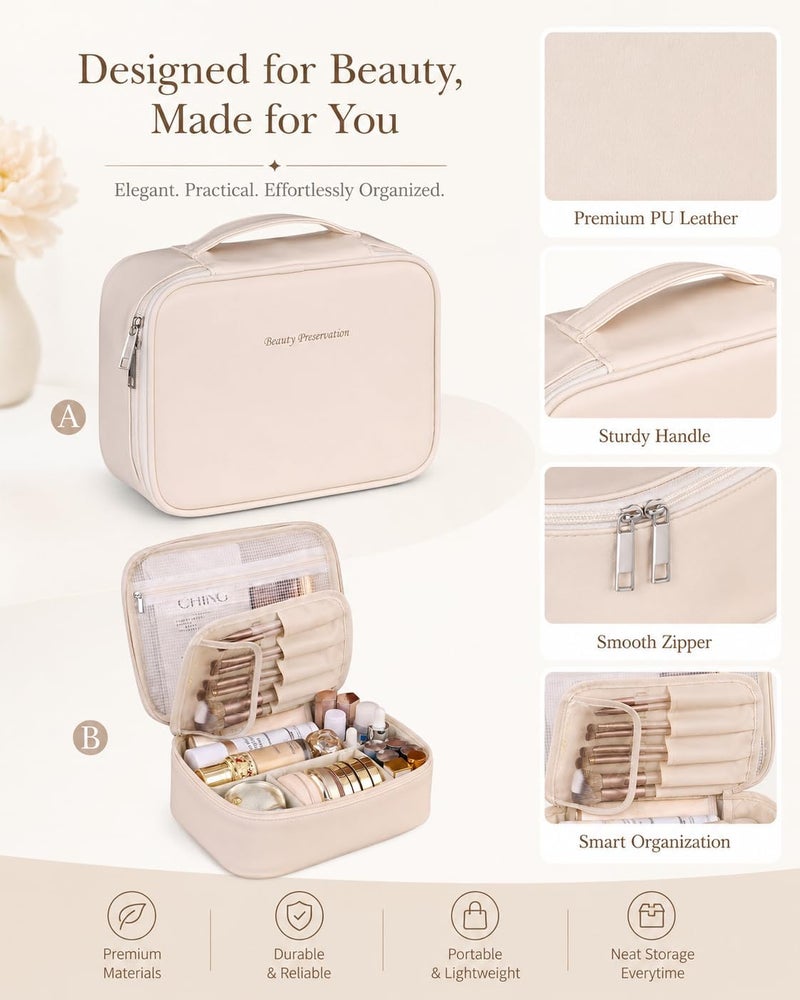 Pocmimut Makeup Bag,PU Leather Make Up Bag Cosmetic Bag,Large Makeup Bag with Brush Holder for Women(Beige) - Image 5