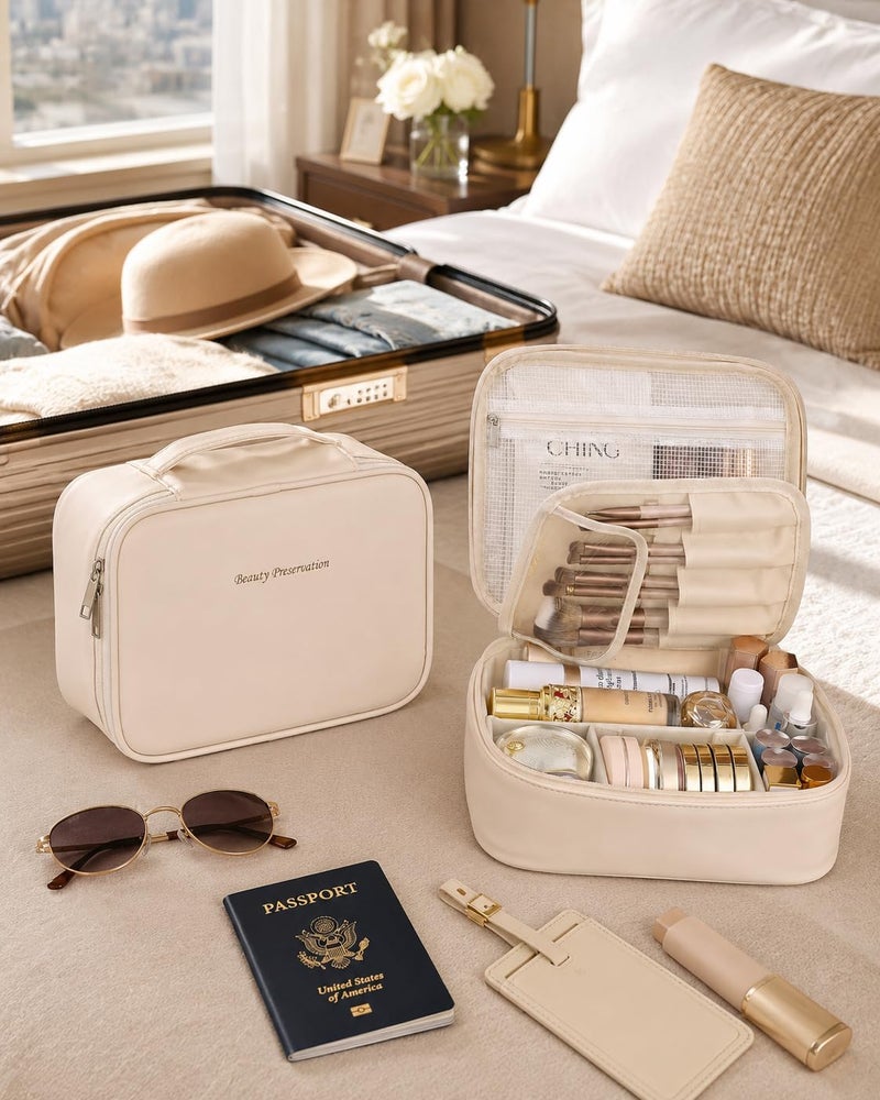 Pocmimut Makeup Bag,PU Leather Make Up Bag Cosmetic Bag,Large Makeup Bag with Brush Holder for Women(Beige) - Image 3
