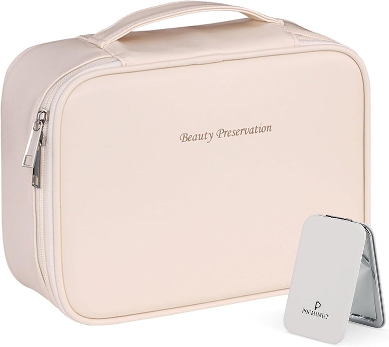 Pocmimut Makeup Bag,PU Leather Make Up Bag Cosmetic Bag,Large Makeup Bag with Brush Holder for Women(Beige) - Image 1