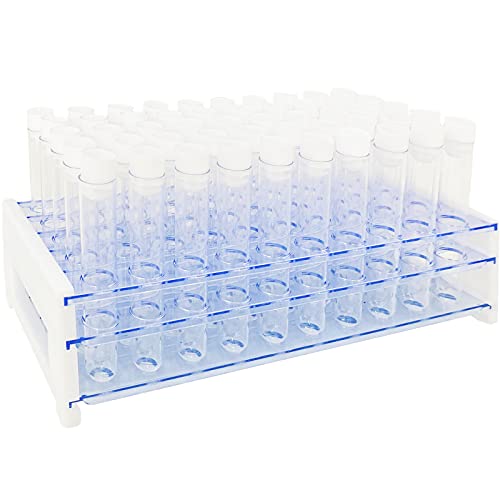 Panxxsen 50Pcs Clear Plastic Test Tubes with Rack,16x100mm(10ml) Test Tube with Caps and 50 Holes Tubes Rack for Scientific Experiments,Party,Decorate The House,Candy Storage - Image 1