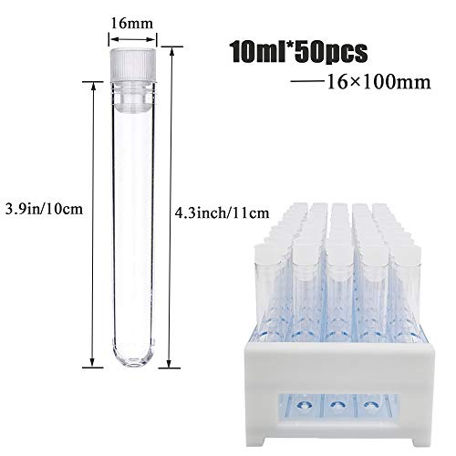 Panxxsen 50Pcs Clear Plastic Test Tubes with Rack,16x100mm(10ml) Test Tube with Caps and 50 Holes Tubes Rack for Scientific Experiments,Party,Decorate The House,Candy Storage - Image 2