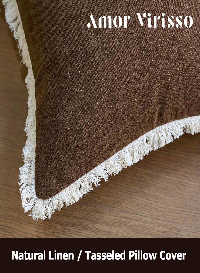 Amor Virisso Fringe Throw Pillow Covers 18x18 Set of 2 Boho Neutral Farmhouse Decorative Pillow Covers with Tassels for Couch Sofa Bed, Brown - Image 2