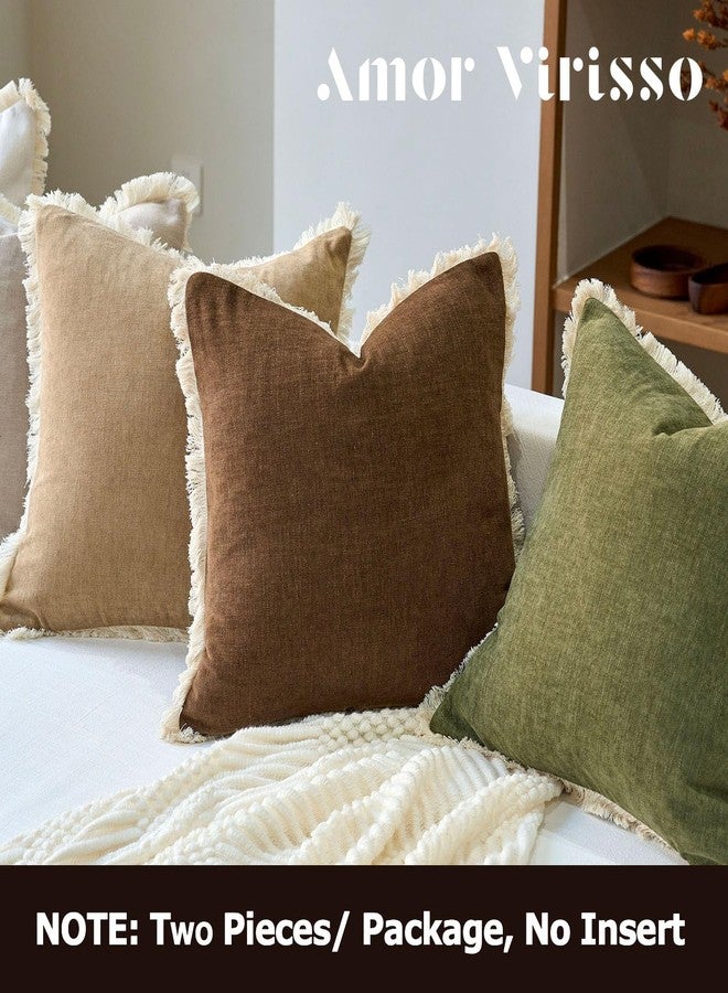 Amor Virisso Fringe Throw Pillow Covers 18x18 Set of 2 Boho Neutral Farmhouse Decorative Pillow Covers with Tassels for Couch Sofa Bed, Brown - Image 5