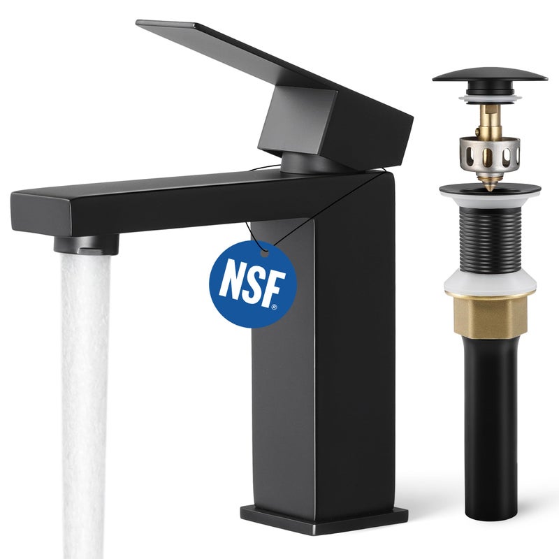 KES Black Bathroom Faucet & Bathroom Sink Drain Without Overflow, Single Handle Type Faucet with Pop Up Drain Stopper Stainless Steel Matte Black, L3156ALFF12-BK-C1 - Image 1