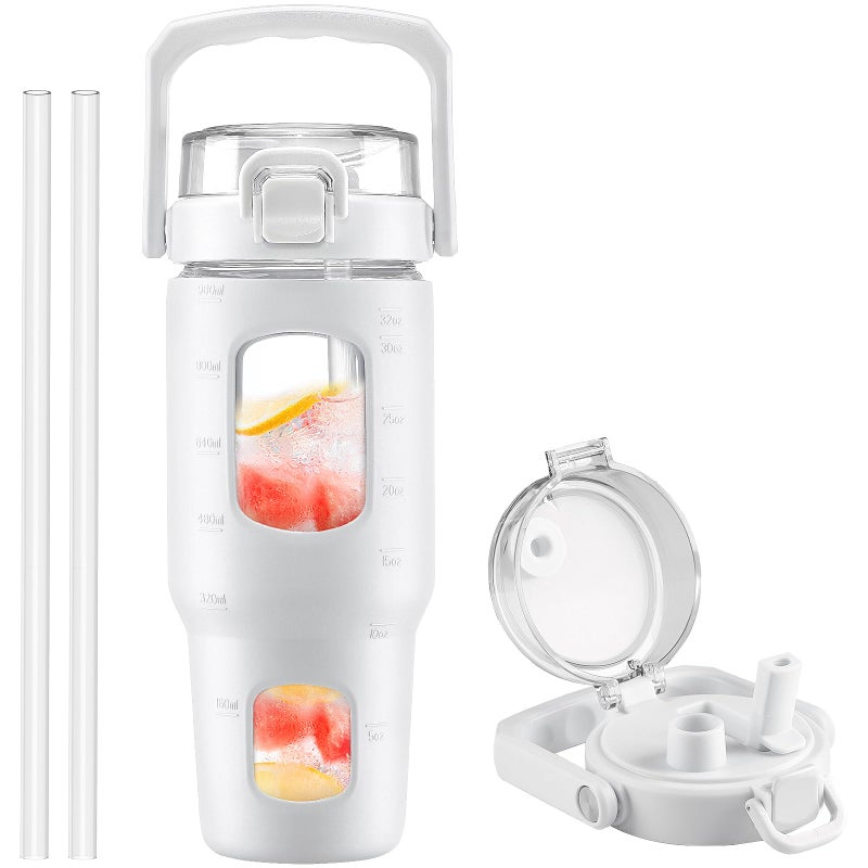 BLUEGO 32oz Glass Water Bottle with Handle and StrawLeakproof Sports Glass Bottle with Time Marker and Silicone SleeveGlass Drinking Bottle for Travel Gym Workout White