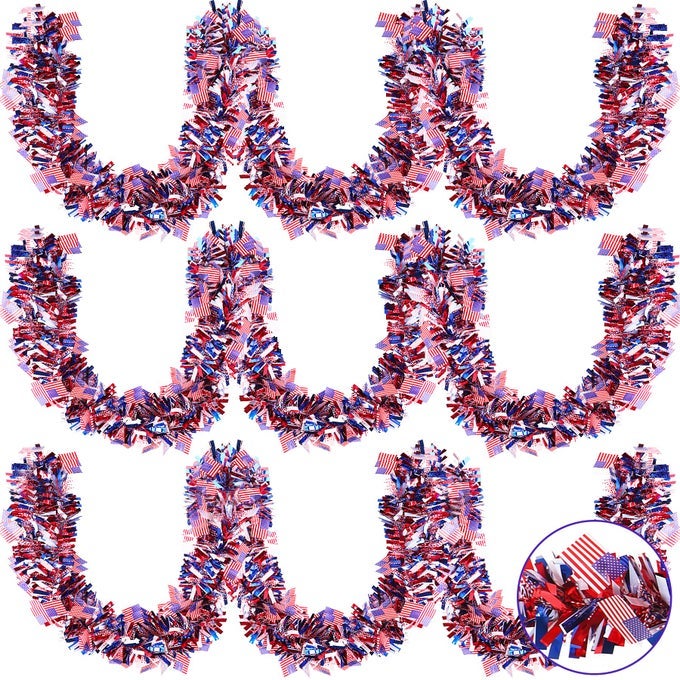 PATRIOTIC GARLAND DECORATIONS 4TH OF JULY METALLIC TINSEL TWIST GARLAND RED WHITE BLUE MEMORIAL DAY AMERICAN FLAG HANGING SUPPLIES FOR INDEPENDENCE DAY HOME PARTY DECOR 3PCS 197 FEET