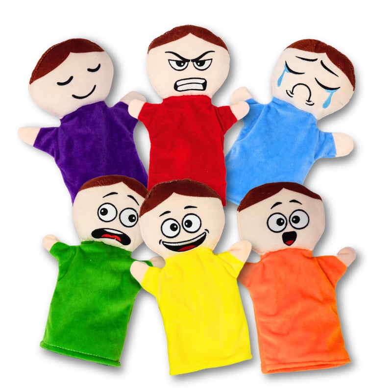 4E's Novelty Feeling Hand Puppets for Kids with 6 Emotions, with Moveable Arms, Soft Plush Hand Puppets for Toddlers, Early Education Toys, Social Emotional Learning Activities - Pack of 6 - Image 1
