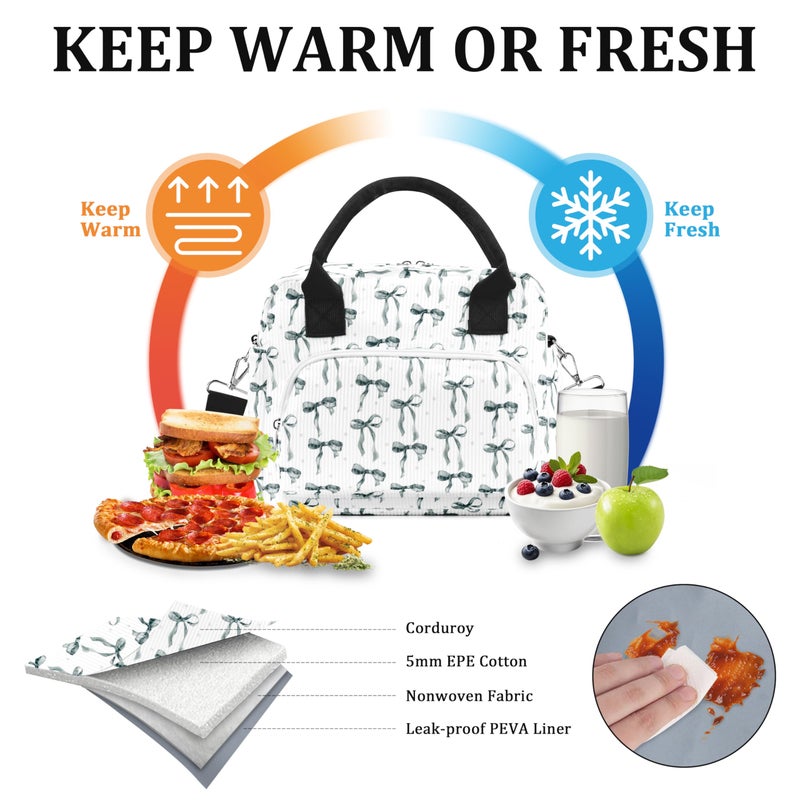TESAFNG Lunch Box for Women Insulated Lunch Bag Cute Corduroy Lunch Tote Bags Lightweight Reusable Leakproof Cooler Bag with Adjustable Shoulder Strap for Work Office Travel Picnic (Black Bow) - Image 3