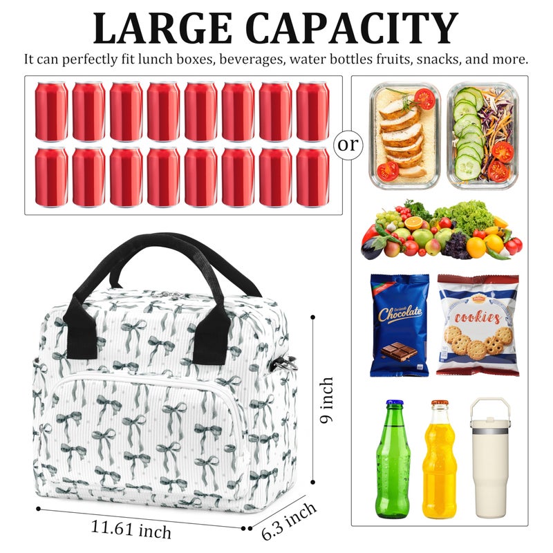 TESAFNG Lunch Box for Women Insulated Lunch Bag Cute Corduroy Lunch Tote Bags Lightweight Reusable Leakproof Cooler Bag with Adjustable Shoulder Strap for Work Office Travel Picnic (Black Bow) - Image 2