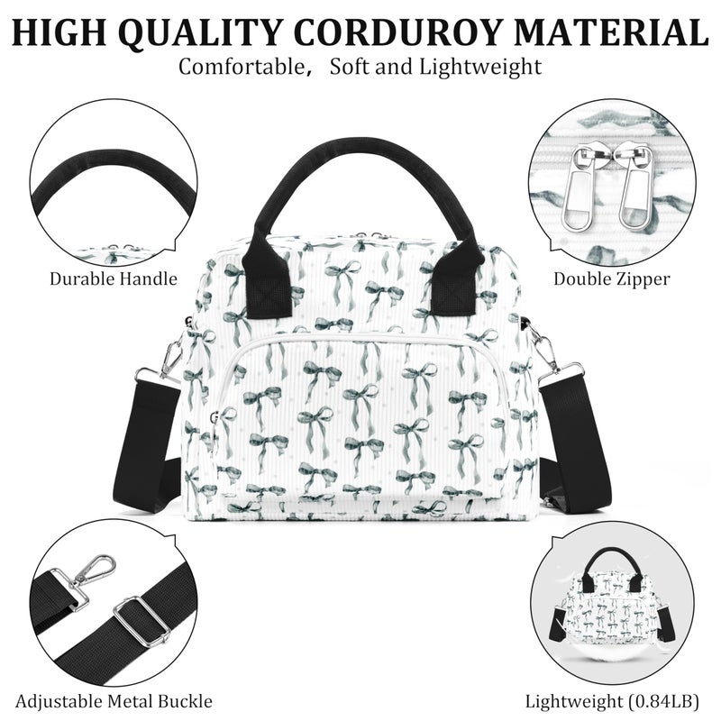 TESAFNG Lunch Box for Women Insulated Lunch Bag Cute Corduroy Lunch Tote Bags Lightweight Reusable Leakproof Cooler Bag with Adjustable Shoulder Strap for Work Office Travel Picnic (Black Bow) - Image 5