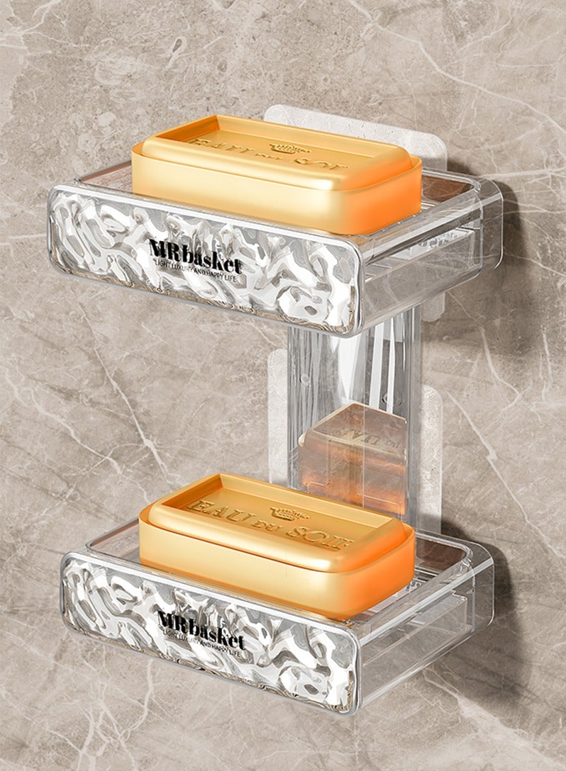 نايزان صينية صابون شفافة مزدوجة الطبقة (للاستخدام في الحمام)، رف صابون مثبت على الحائط صندوق صابون مزدوج الطبقة مع تصريف تلقائي، مناسب لغرف الاستحمام والحمامات وأحواض الاستحمام وأحواض المطبخ، لا يحتاج إلى ثقب في الصينية - Image 1