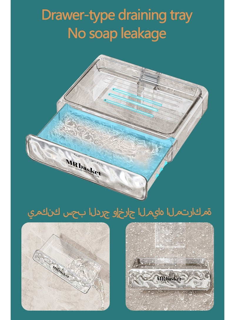 نايزان صينية صابون شفافة مزدوجة الطبقة (للاستخدام في الحمام)، رف صابون مثبت على الحائط صندوق صابون مزدوج الطبقة مع تصريف تلقائي، مناسب لغرف الاستحمام والحمامات وأحواض الاستحمام وأحواض المطبخ، لا يحتاج إلى ثقب في الصينية - Image 3