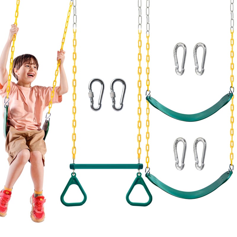 TURFEE 3 Pack Assorted Swing Set Including 1 Gym Rings Trapeze Bar and 2 Pcs Swings with Plastic Coated Chain Swingset Accessories Replacement for Kids Outdoor Play Playground Green - Image 2