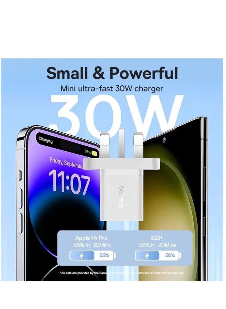 بيسوس USB C Plug 30W GaN5 Pro شاحن سريع PD 3.0 شحن USB-C محول الطاقة نوع C شاحن حائط متوافق مع iPhone 15 Pro/15 Plus/14/13/12، iPad Air، MacBook Air، Samsung S23، Xiaomi، Oneplus، إلخ أبيض - Image 2