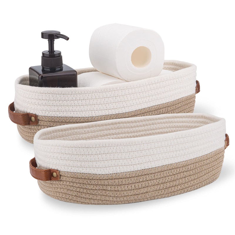 Oradrem 2 Pack Cotton Rope Bathroom Decor BasketToilet Paper Holder BasketFarmhouse Home Decor Organizing Baskets 13x59x4 Brown Stitching White - Image 2