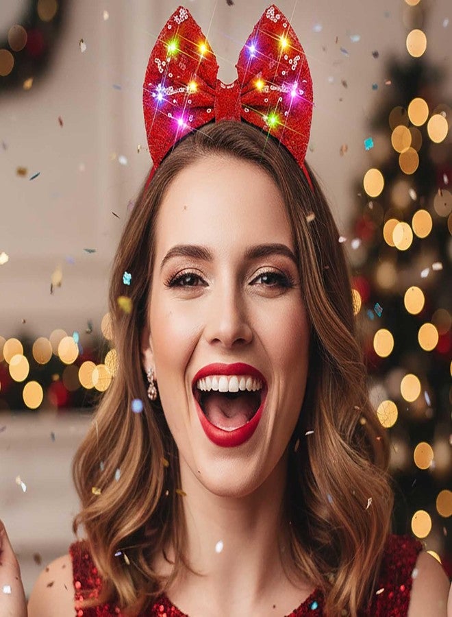طوق رأس مزين بفيونكة حمراء مضيئة من Yokawe، إكسسوار شعر على شكل فيونكة LED وامضة للنساء، مطاط قابل للتعديل، 3 أوضاع إضاءة للمهرجانات والأزياء التنكرية (أحمر) - Image 4